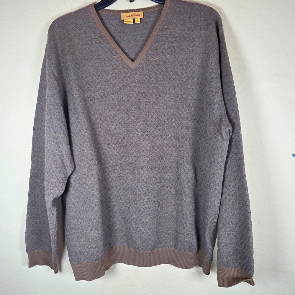 Tricots St Raphael Mens Brown Blue 100% Merino Wool Sweater Large L cabincore